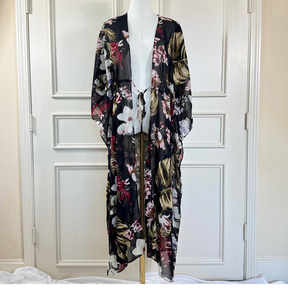 Walter Baker Floral Sheer Kimono Women's Size O/S Black Tropical Boho Longline